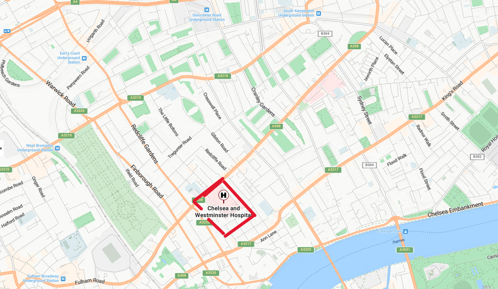 Map of location of Chelsea and Westminster Hospital